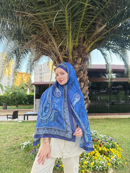 MODA Modal Soft Serisi Etnik Desen Şal Saks Mavisi ürün görseli