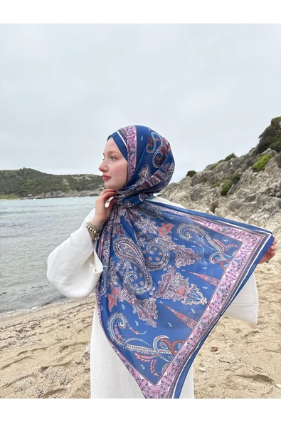 MODA Timeless Wieve Serisi Etnik Desen Şal Saks Mavisi