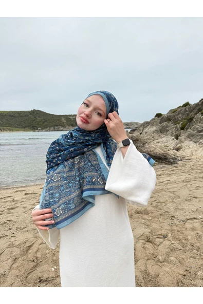 MODA Soft Pamuk Etnik Desen Şal Mavi-vizon - 4