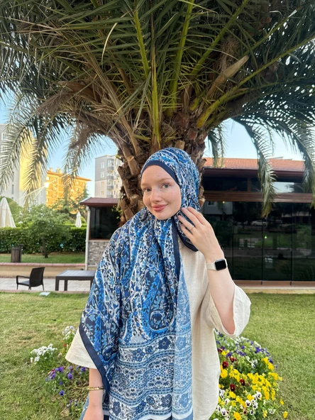 MODA Soft Pamuk Etnik Desen Şal Indigo Mavisi