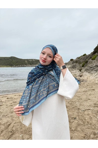 MODA Soft Pamuk Etnik Desen Şal Mavi-vizon - 2