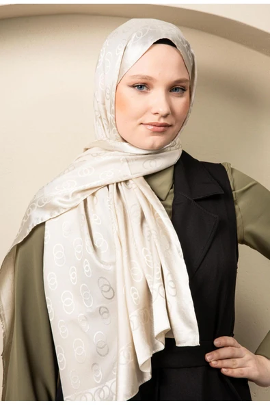 MODA Parlak Jakar Şal Zincir Desen Açık Krem