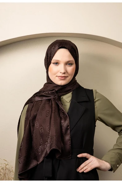 MODA Zincir Desen Parlak Jakar Şal Koyu Kahve