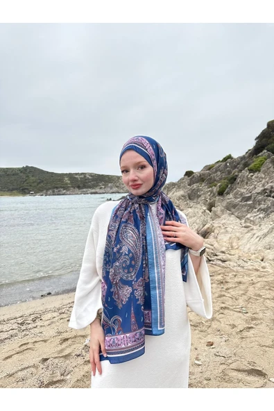 MODA Timeless Wieve Serisi Etnik Desen Şal Saks Mavisi - 4
