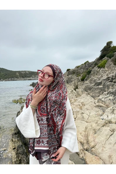 MODA Soft Pamuk Etnik Desen Şal Bordo-kırmızı - 3