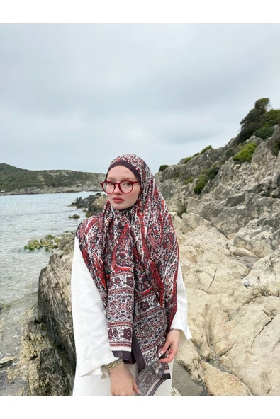 MODA Soft Pamuk Etnik Desen Şal Bordo-kırmızı - 4