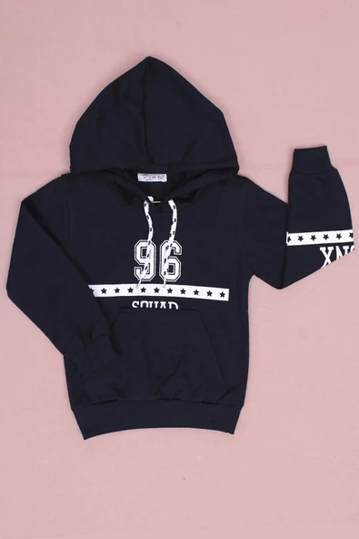 96 Yazı Baskılı Kanguru Cepli Erkek Çocuk Kapüşonlu Sweat