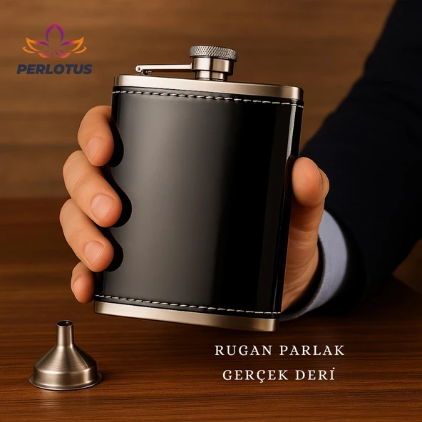Perlotus 8 Oz 240 cc Rugan Siyah Hakiki Deri Viski Cep Matarası Shot Bardaklı Set Kutulu Babalar Günü Hediye - 3