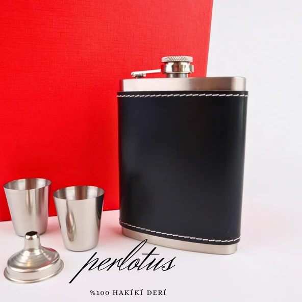 Perlotus 8 Oz 240 cc Rugan Siyah Hakiki Deri Viski Cep Matarası Shot Bardaklı Set Kutulu Babalar Günü Hediye - 6