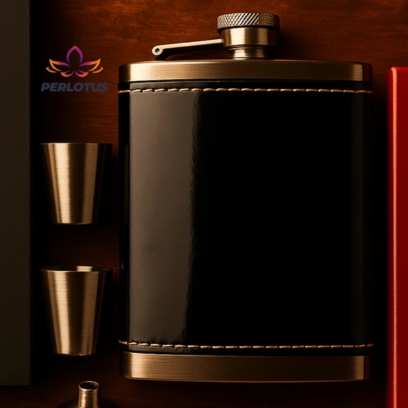 Perlotus 8 Oz 240 cc Rugan Siyah Hakiki Deri Viski Cep Matarası Shot Bardaklı Set Kutulu Babalar Günü Hediye - 4
