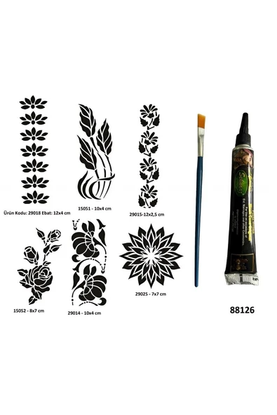 Kruvazör Çiçek Desenleri Siyah Hint Kınası Hediyeli Geçici Dövme Yapma Seti