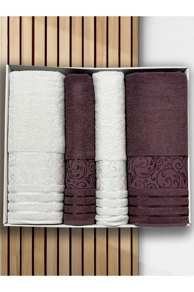Deren Hamam Takımı 4 Parça Krem - Mürdüm