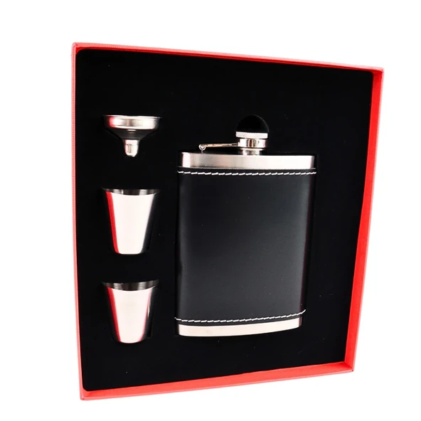 Perlotus 8 Oz 240 cc Rugan Siyah Hakiki Deri Viski Cep Matarası Shot Bardaklı Set Kutulu Babalar Günü Hediye - 5