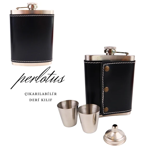 Perlotus 8 Oz 240 cc Rugan Siyah Hakiki Deri Viski Cep Matarası Shot Bardaklı Set Kutulu Babalar Günü Hediye - 7