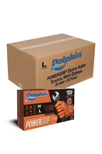 Süpertrend  Dolphin Powergrip Ekstra Kalın Turuncu Nitril Eldiven Elmas Dokulu L 50 adet X 20 Paket - Koli