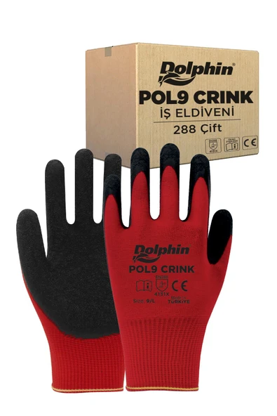 Süpertrend  Dolphin Polyester Lateks İş Eldiveni Kırmızı/siyah Pol9 Crınk 9-l 288 Çift - Koli