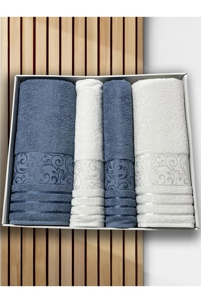 Deren Hamam Takımı 4 Parça Krem - Mavi