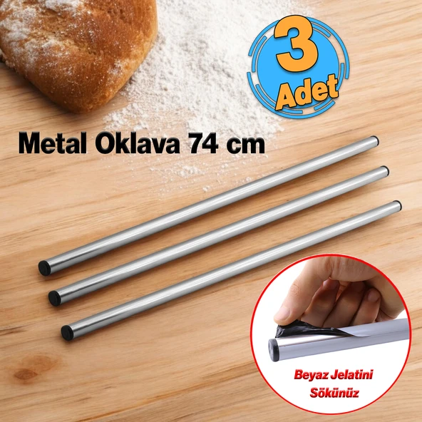 (3 Adet) Alüminyum Metal Oklava Tekli 74 cm Mutfak Börek Hamur Un Yufka Açma Silindir Yuvarlak Krom