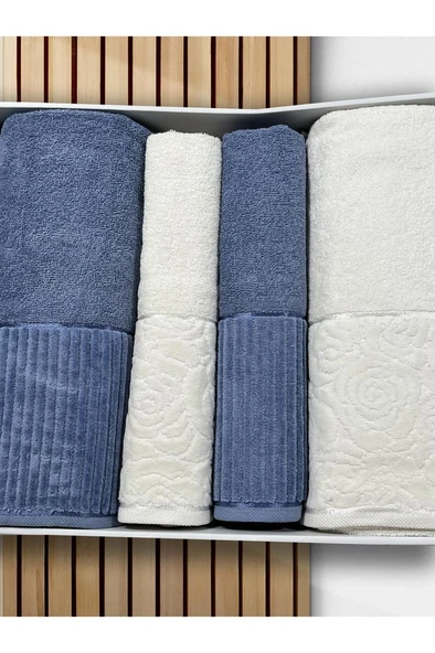 Sevgi Hamam Takımı 4 Parça Krem - Mavi
