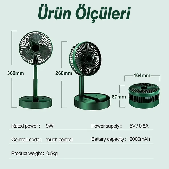 Sessiz Masa Vantilatörü 3 Modlu Katlanabilir Usb Şarjlı Taşınabilir Portatif Teleskopik Araç İçi Oto - 3