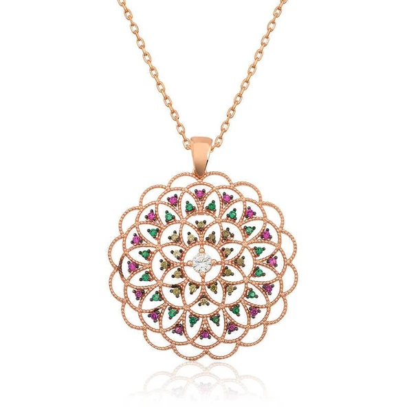 Süpertrend Gümüş Rose Geometrik Desenli Madalyon Kolye