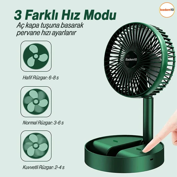 Sessiz Masa Vantilatörü 3 Modlu Katlanabilir Usb Şarjlı Taşınabilir Portatif Teleskopik Araç İçi Oto - 2
