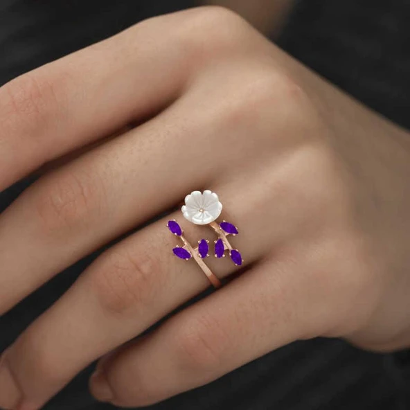 Süpertrend Gümüş Rose Mor Yapraklı Bahar Çiçeği Yüzük - 3