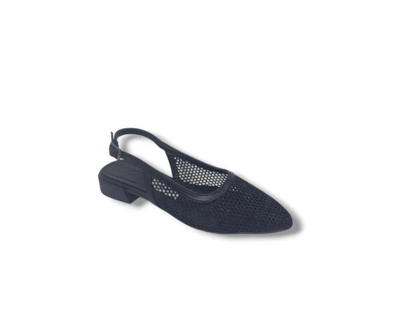 Zerhan 155 Kadın Siyah Pırıltılı Dantel File Arkası Açık Babet Ayakkabı - Resim 3