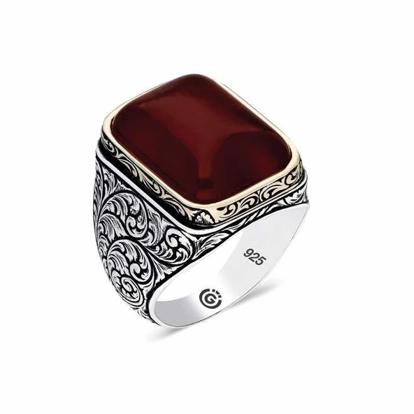 Süpertrend ​Gümüş Zirkon Koyu Bordo  Taşlı Kare Erkek Yüzük
