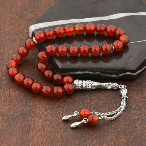 Süpertrend ​Doğaltaş Metal Püsküllü Bordo Akik Taşlı Tesbih - 2