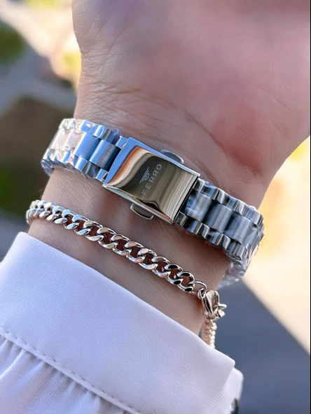 Ferro Çelik Kordon İTALIAN DESIGN 3 Atm Suya Dayanıklı 2 Yıl Garantili Kadın Kol Saati+Bileklik FR.2 - Resim 3