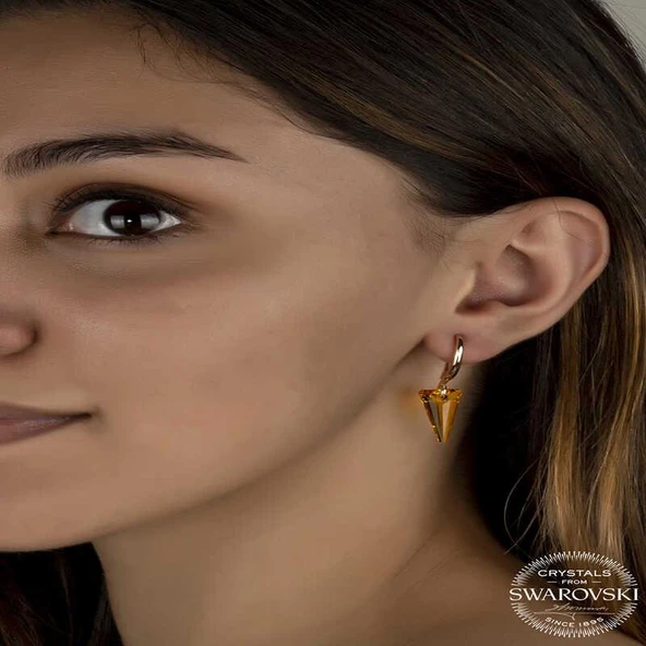 Süpertrend Swarovski Crystal Taşlı Gümüş Sarı Taşlı Üçgen Sallantılı Kadın Küpe - 2