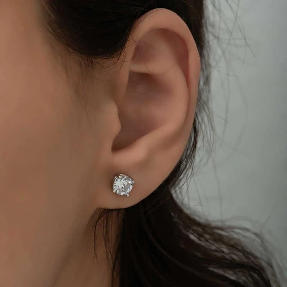 Süpertrend ​Gümüş 7 mm Beyaz Zirkon Tek Taş Kadın Küpe - 3