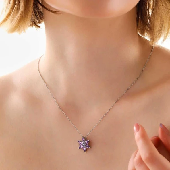 Süpertrend Gümüş Lila Lotus Çiçeği Kadın Kolye - 2