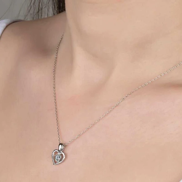 Kruvazör Swarovski Taşlı Gümüş Kalp Bayan Kolye - 2