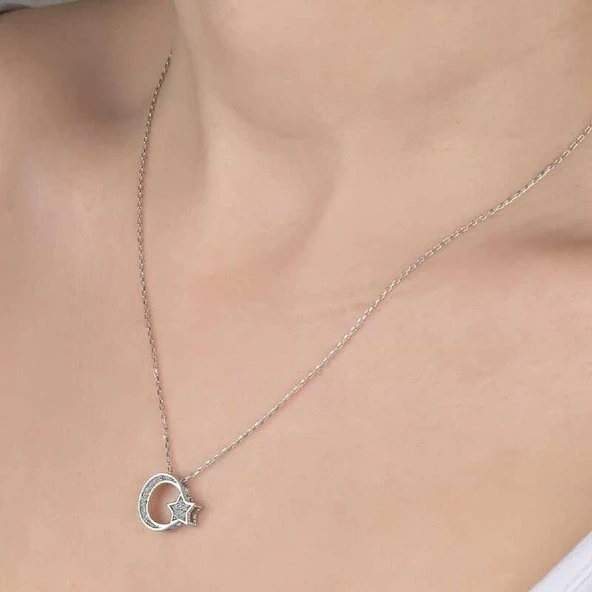 Kruvazör Swarovski Taşlı Gümüş Ayyıldız Bayan Kolye - 2