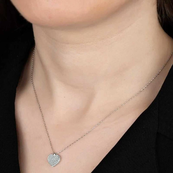 Kruvazör Swarovski Taşlı Gümüş Kalp Bayan Kolye - 2