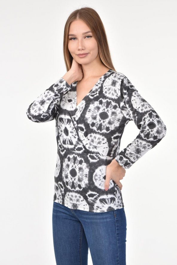 DRR Moda Mikro Kumaş V-Yaka Desenli Bluz - 10