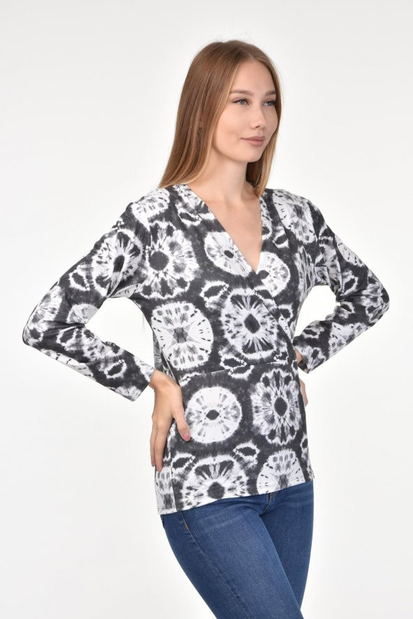 DRR Moda Mikro Kumaş V-Yaka Desenli Bluz - 11