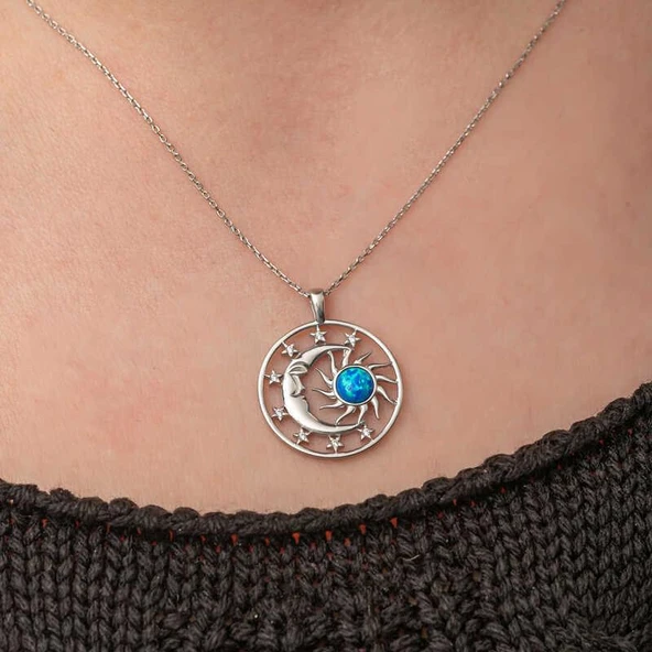 Süpertrend Gümüş Opal Mavi Taşlı Ay Güneş Kadın Kolye - 5