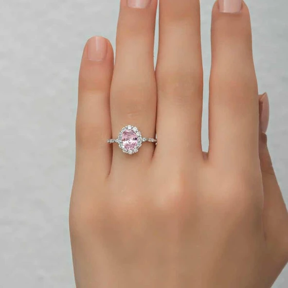 Kruvazör Gümüş Pembe Oval Taşlı Kadın Yüzük - 5