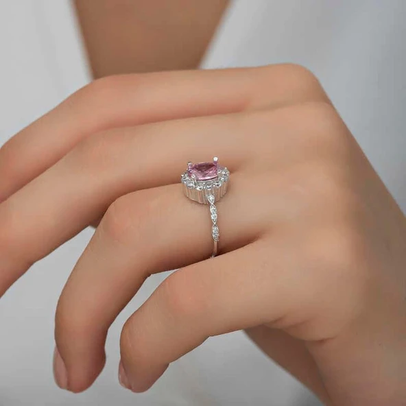 Kruvazör Gümüş Pembe Oval Taşlı Kadın Yüzük - 4