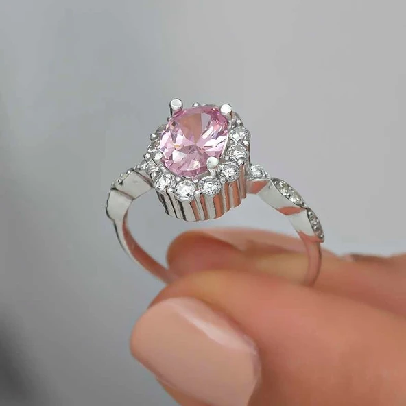 Kruvazör Gümüş Pembe Oval Taşlı Kadın Yüzük - 8