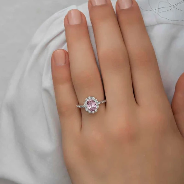 Kruvazör Gümüş Pembe Oval Taşlı Kadın Yüzük - 6