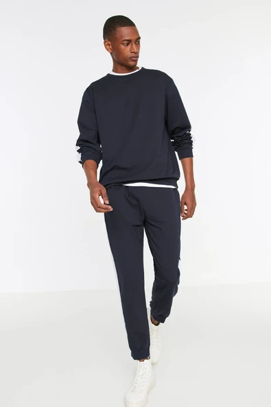 Lacivert Yanları Şeritli Örme Pijama Takımı