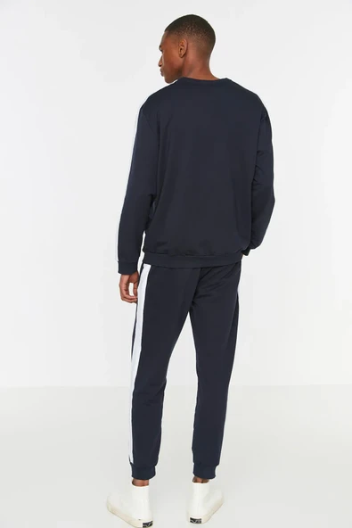 Lacivert Yanları Şeritli Örme Pijama Takımı - 4