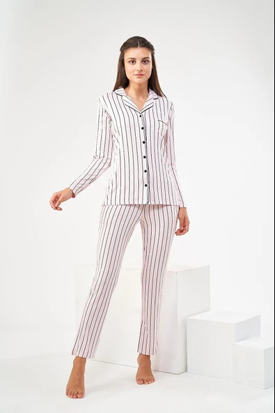PJS 22447 Kadın Çizgili Düğmeli Pijama Takım
