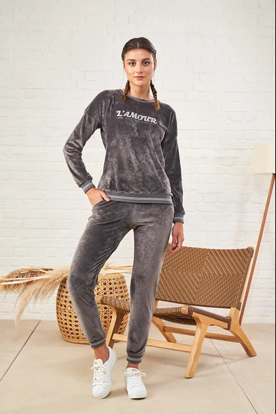 PJS 22473 Kadın O Yaka Kadife Eşofman Takım - 7