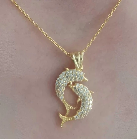 Kruvazör Gümüş Gold Çift Yunus Balığı Kadın Kolye