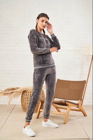 PJS 22473 Kadın O Yaka Kadife Eşofman Takım - 9